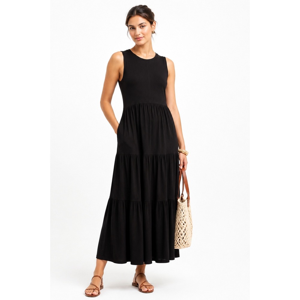 Nine Britton Jeanne Maxi Dress Womens L Black Sleeveless Tiered Knit NWT